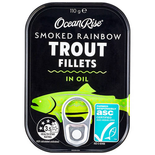 Front shot 2, Smoked Rainbow Trout Fillets In Oil 110g