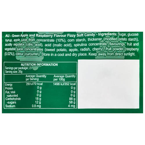 Ingredients 1, Gourmet Gummies Green Apple & Raspberry 140g