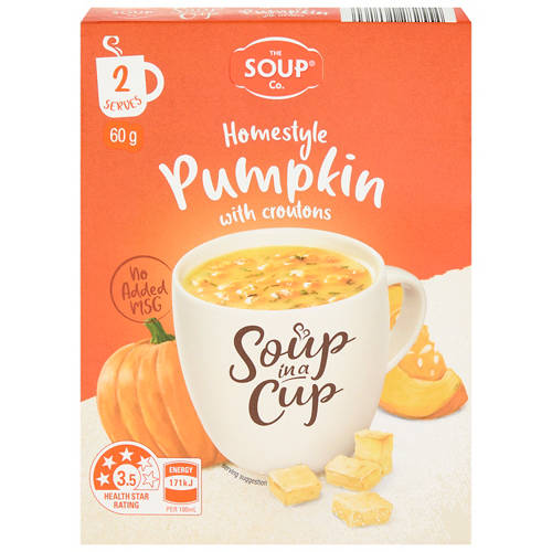 Front shot 2, Homestyle Pumpkin with Croutons Soup in a Cup 2 Pack 60g