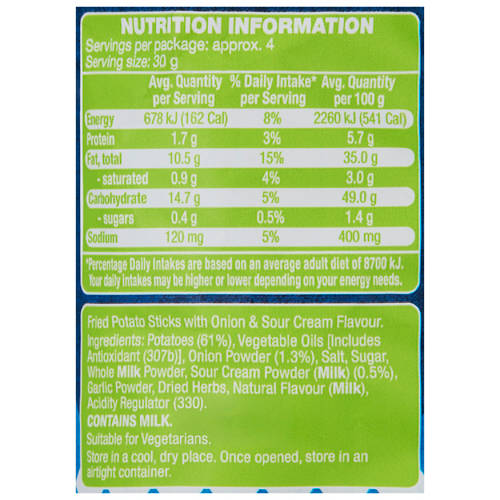 Nutrients 1, Potato Sticks Sour Cream & Chives 125g