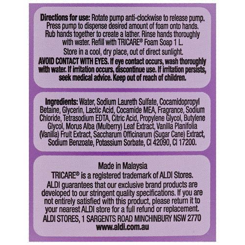 Ingredients 1, Antibacterial Foaming Hand Wash 250 mL