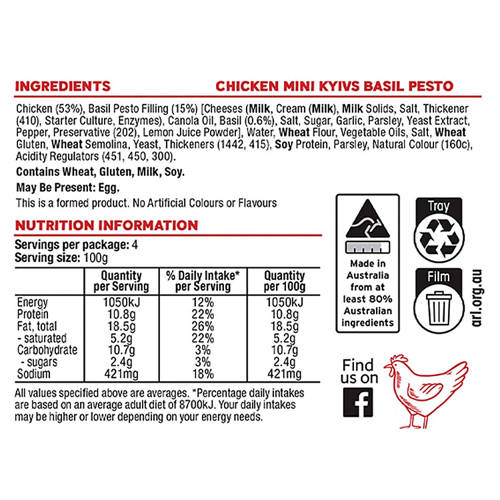 Nutrients 1, Chicken Mini Kyivs Basil Pesto 400g