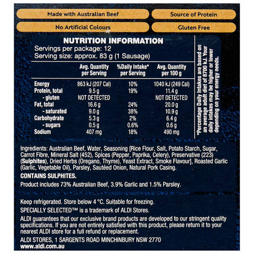 Nutrients 1, Garlic & Parsley Beef Sausages 1kg