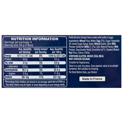 Nutrients 1, Sliced Brioche Burger Buns 4 Pack 200g