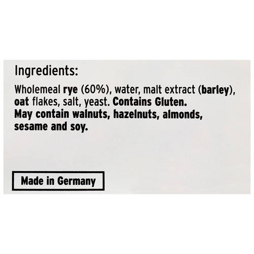 Ingredients 1, German Soft Dark Rye Bread 500g