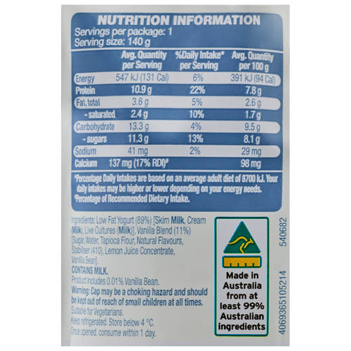 Nutrients 1, Greek Style Yogurt Vanilla Pouch 140g 140g