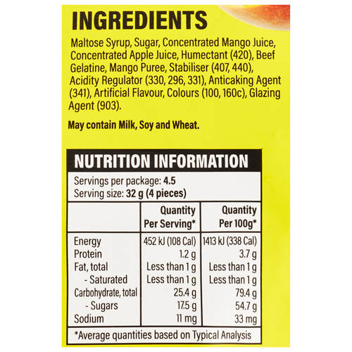 Ingredients 1, Fruit Splitz Peelable Gummy Mango 144g