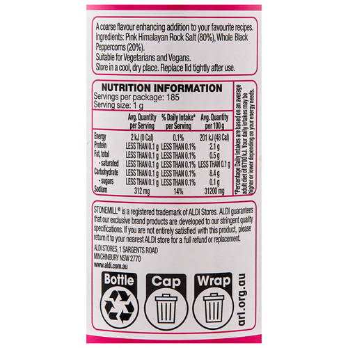 Ingredients 1, Himalayan Pink Salt With Whole Black Pepper Grinder 185g