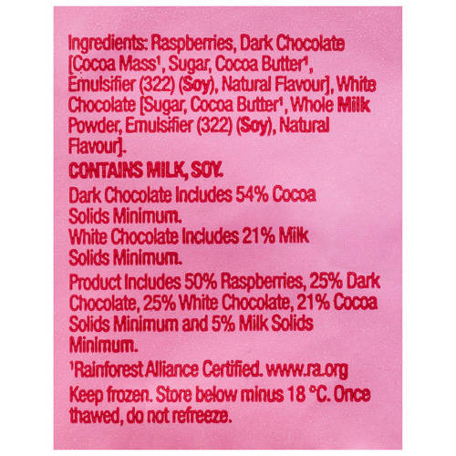 Ingredients 1, White and Dark Chocolate Dipped Raspberries 150g
