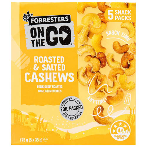 Front shot 2, On The Go Roasted & Salted Cashews 5 Pack 175g