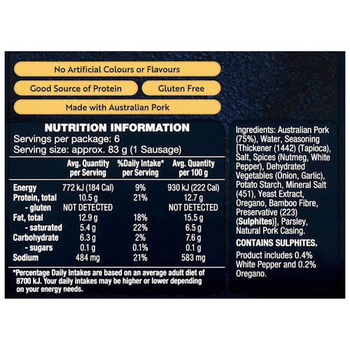 Nutrients 1, Pork, Pepper and Oregano Gourmet Sausages 500g