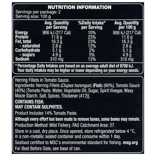 Ingredients 1, Herring Fillets in Tomato Sauce 200g