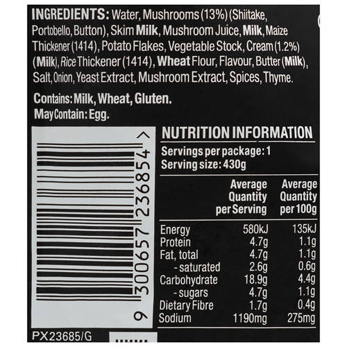 Ingredients 1, Creamy Mushroom with a hint of Thyme Soup 430g