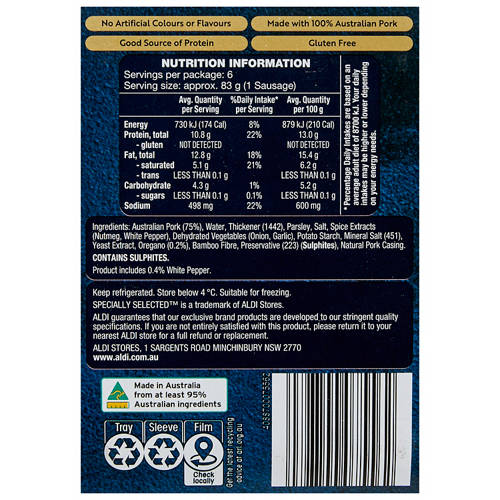 Nutrients 1, Pork, Pepper and Oregano Gourmet Sausages 500g