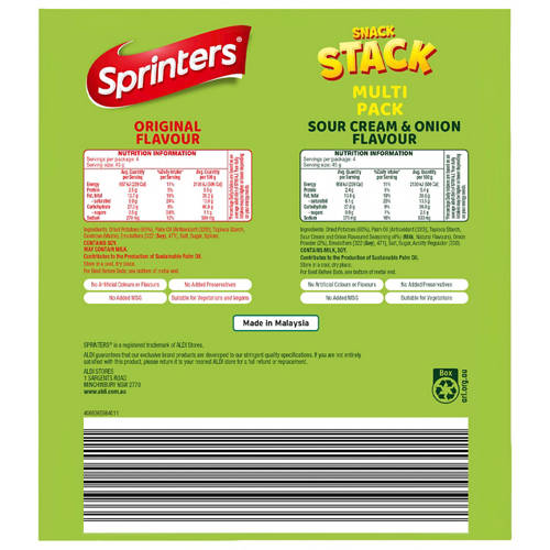Front shot 3, Sprinters Snack Stack 8 pack x 45g - Sour Cream & Onion and Original