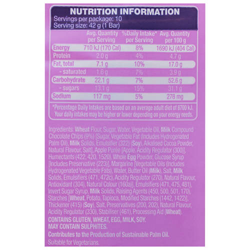 Nutrients 1, Choc Chip Muffin Bars 10 Pack 420g