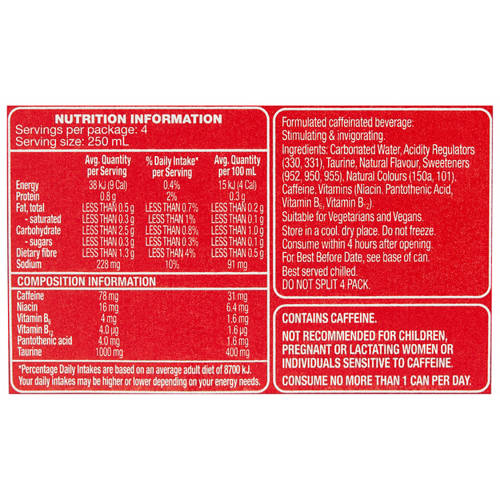 Nutrients 1, Sugar Free Original Energy Drink 4 Pack 250ml