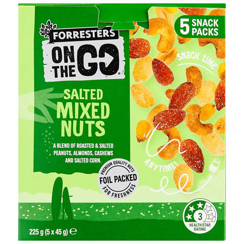 Front shot 3, On The Go Salted Mixed Nuts 5 Pack 225g