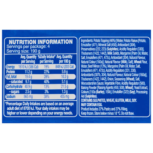 Nutrients 1, Potato Top Beef Pies 4 Pack 760g