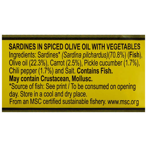 Ingredients 1, Spiced Olive Oil with Pickles Sardines 120g