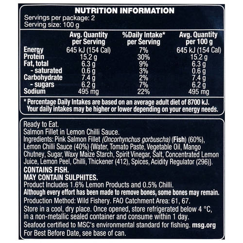 Ingredients 1, Salmon Fillet Lemon Chilli 200g