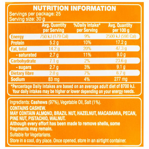 Ingredients 1, Cashews Roasted & Salted 750g