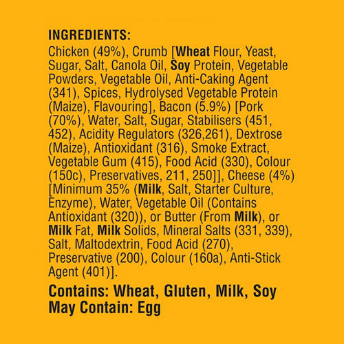 Ingredients 1, Chicken, Cheese & Bacon Schnitzel 360g