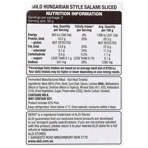Nutrients 1, Mild Hungarian Sliced Salami 100g