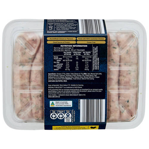 Front shot 2, Chicken, Fetta & Parsley Sausages 500g