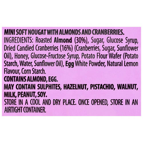 Ingredients 1, Torroncini Con Mandorle Mini Soft Nougat Almonds and Cranberries 130g