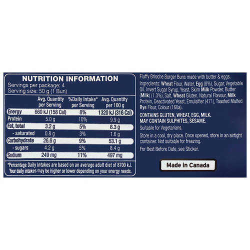 Nutrients 1, Sliced brioche burger bun 200g