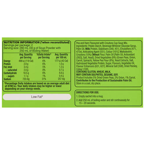 Nutrients 1, Pea & Ham Flavoured with Croutons Soup in a Cup 2 Pack 60g