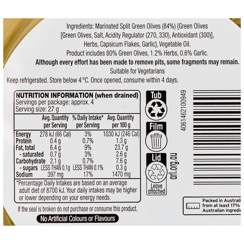 Nutrients 1, Marinated Split Green Olives 130g