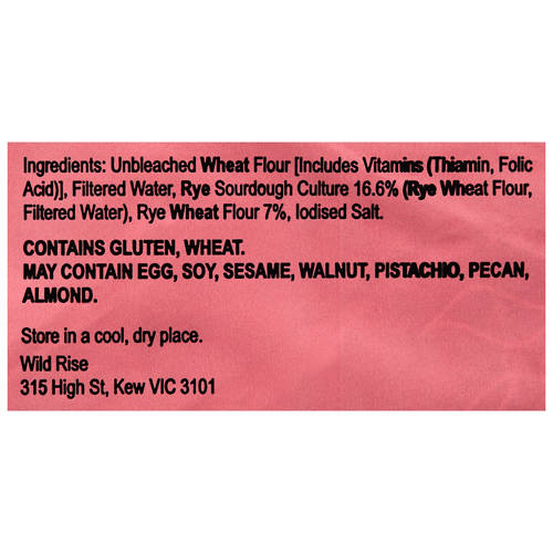Ingredients 1, Light Rye Sourdough Bread 765g