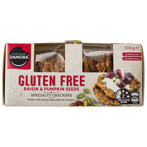 Front shot 2, Gluten Free Specialty Crackers Raisin and Pumpkin 100g