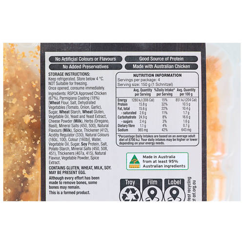 Ingredients 1, Chicken Breast Schnitzel Parmigiana 4 Pack 600g