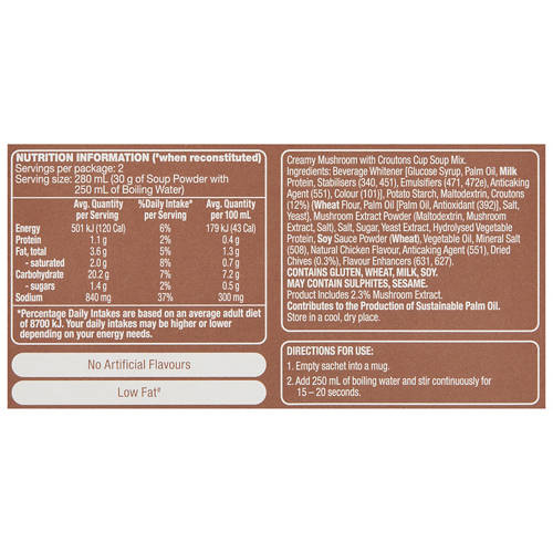 Nutrients 1, Creamy Mushroom with Croutons Soup in a Cup 2 Pack 60g