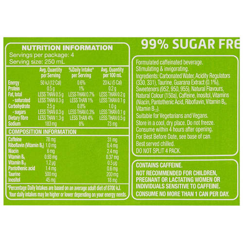 Nutrients 1, Sugar Free Guarana Energy Drink 4 Pack 250ml