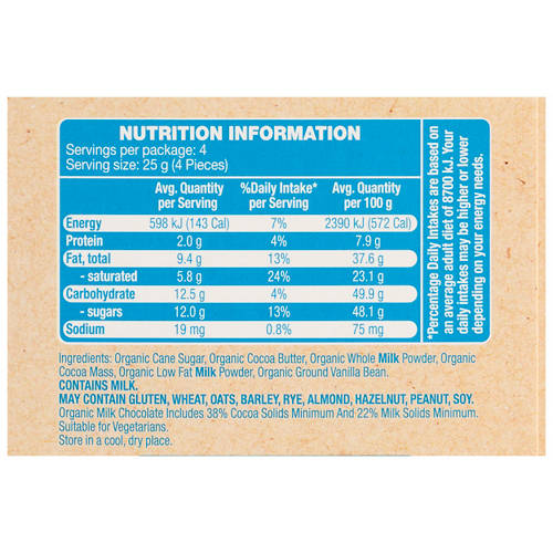 Nutrients 1, Organic 37% Cocoa Milk Chocolate 100g