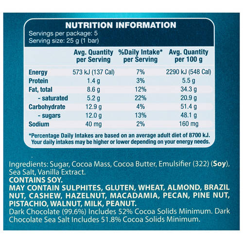 Nutrients 1, Finest Dark Sea Salt Chocolate 5 Pack 125g