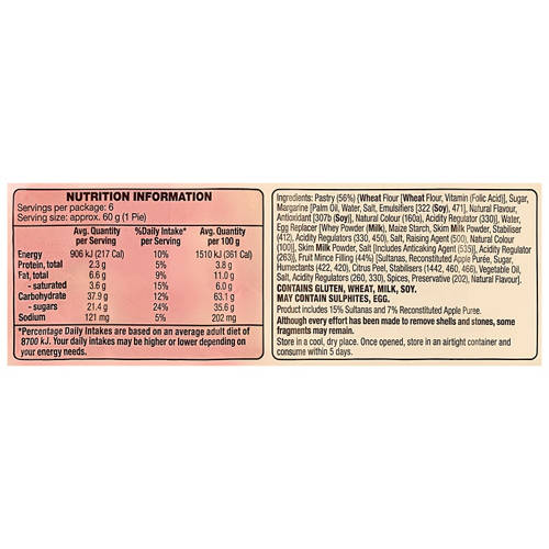 Ingredients 1, Fruit Mince Pies 6 Pack 360g