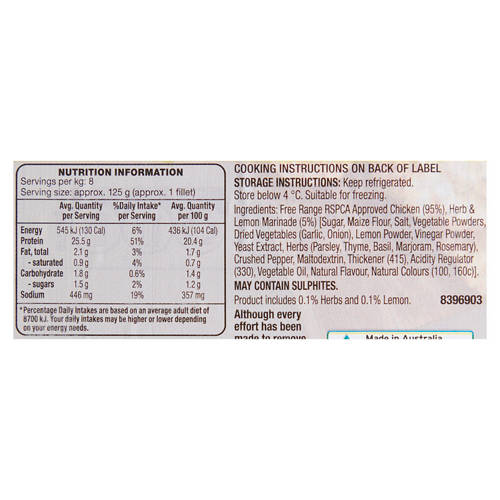Nutrients 1, Free Range Marinated Chicken Breast Fillets per kg