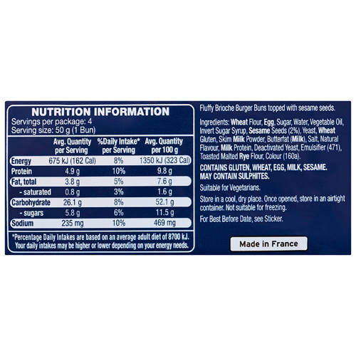 Nutrients 1, Sliced Brioche Burger Buns with Sesame Seeds 4 Pack 200g