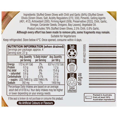 Nutrients 1, Chilli & Garlic Stuffed Green Olives 130g