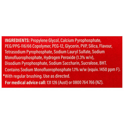 Ingredients 1, Optic White Enamel Care Teeth Whitening Toothpaste Stain Fighter 140g