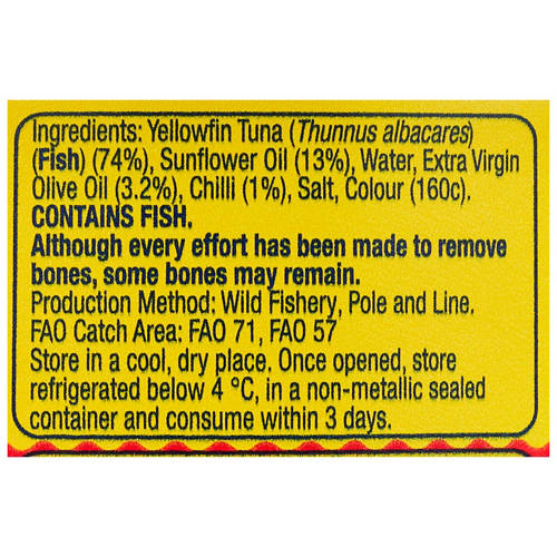Ingredients 1, Yellowfin Tuna In Oil with Chilli 95g