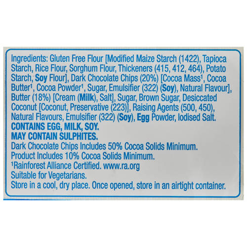 Ingredients 1, Gluten Free Chocolate Chip Biscuits 160g