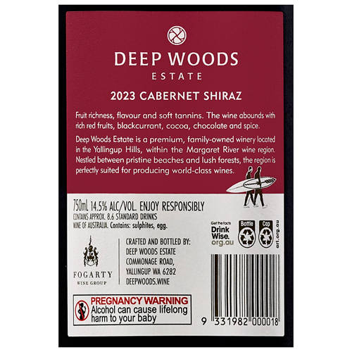 Nutrients 1, Deep Woods Estate Ebony Cabernet Shiraz 750ml