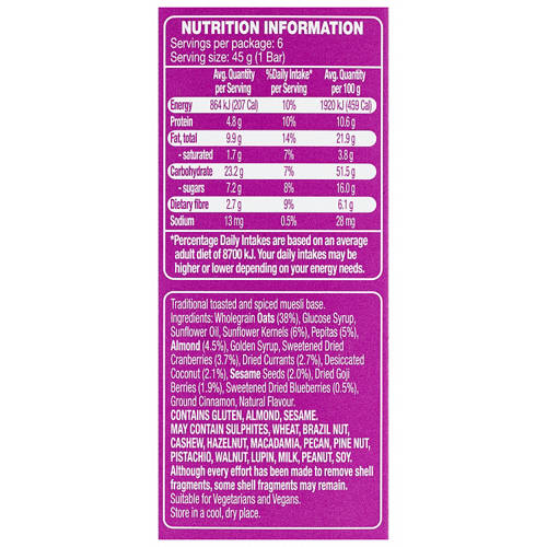 Ingredients 1, Triple Berry Premium Muesli Bar 6 Pack 270g