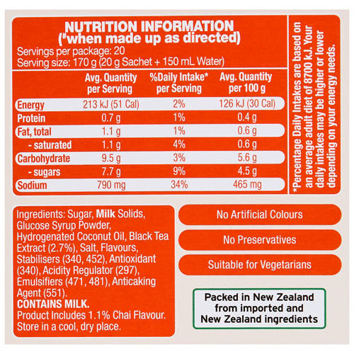 Nutrients 1, Chai Flavoured Latte Sachets 20 Pack 400g